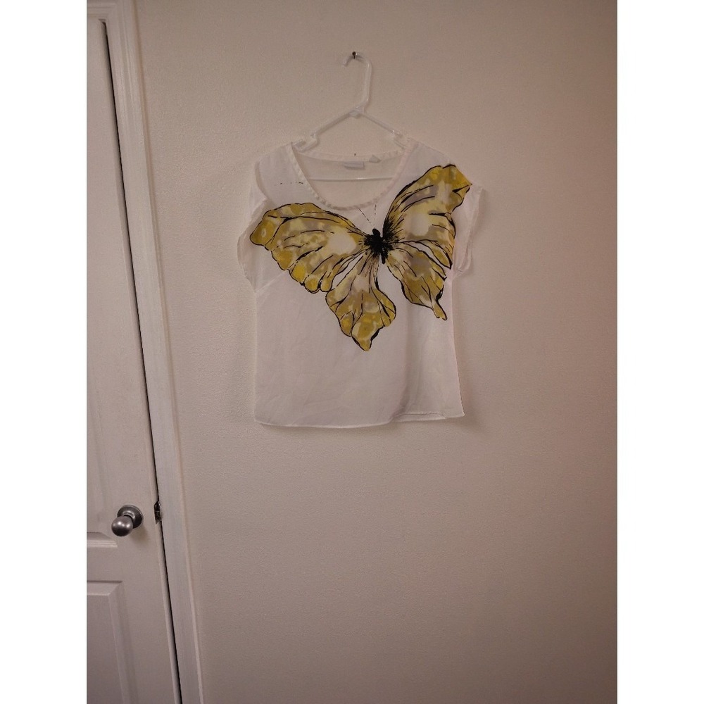 New York & Company White Butterfly Graphic Short Sleeve Blouse Top Yellow Large